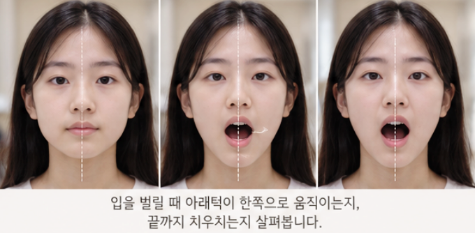 여성이 입을 다물고 있는 모습과 입을 벌린 두 가지 모습을 보여주는 이미지입니다. 각 사진에는 얼굴 중앙에 수직선이 그려져 있어 턱의 움직임을 확인할 수 있습니다. 하단에는 턱의 움직임을 관찰하는 설명이 있습니다.