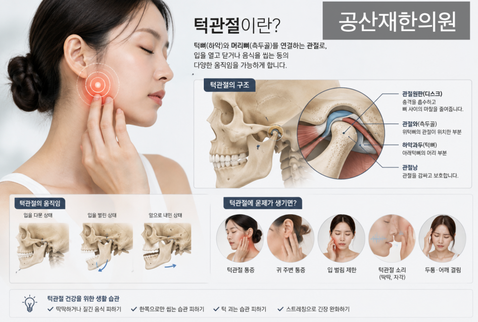턱관절의 구조와 기능, 문제 발생 시 증상, 건강을 위한 생활 습관을 설명하는 이미지입니다. 턱관절의 움직임과 통증, 귀 주위 통증, 입 벌림 제한, 턱관절 소리, 두통 및 어깨 결림 등이 언급되어 있습니다.