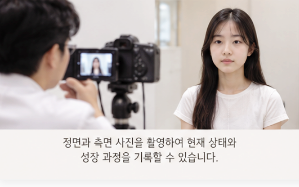 한 여성이 카메라 앞에서 정면 사진을 촬영하고 있으며, 하단에는 '정면과 측면 사진을 촬영하여 현재 상태와 성장 과정을 기록할 수 있습니다.'라는 문구가 적혀 있습니다.