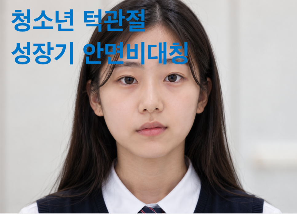 교복을 입은 소녀의 얼굴 사진 위에 '청소년 턱관절 성장기 안면비대칭'이라는 문구가 적혀 있다.